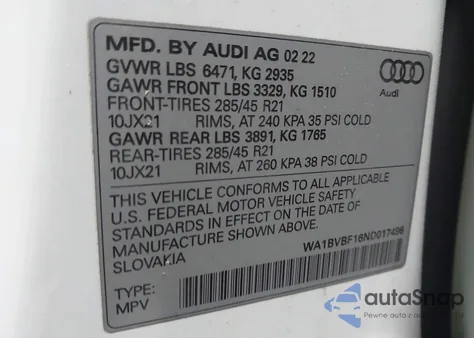 2022 Audi Q8 Premium Plus 55 Tfsi Quattro Tiptronic из США, поврежденный, VIN WA1BVBF16ND017496